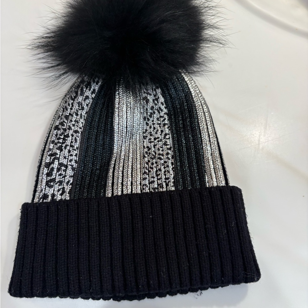 Bari Lynn Stylish Black and Silver Leopard Little Girls Pom-Pom Hat